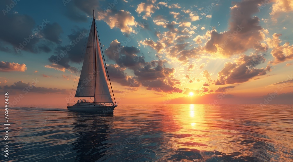   A sailboat in the ocean amidst a breathtaking sunset, backed by the expanse of the ocean, and cloud-studded sky above
