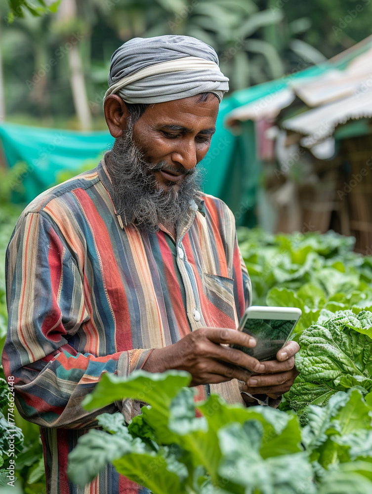 Fototapeta premium A Bangladeshi vegetable farmer using a mobile app to communicate with an agroecology expert