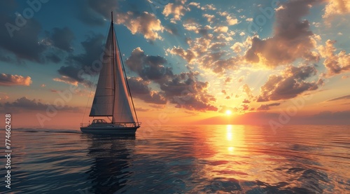  A sailboat in the ocean amidst a breathtaking sunset, backed by the expanse of the ocean, and cloud-studded sky above