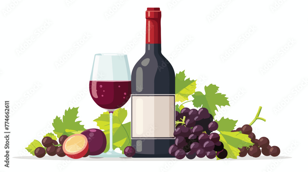 Wine cup and bottle with grapes fruits vector