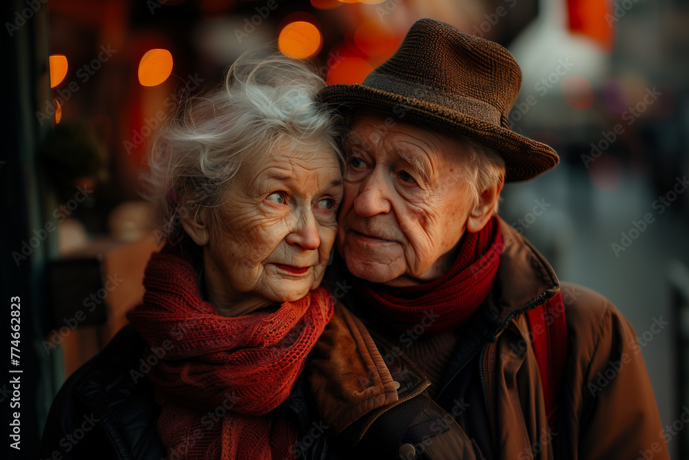 Against the backdrop of the cityscape, an elderly couple enjoys a sweet moment of affection, their serene faces telling the story of a lifetime filled with love and devotion. Against the backdrop of the cityscape, an elderly couple enjoys a sweet moment of affection, their serene faces telling the story of a lifetime filled with love and devotion.