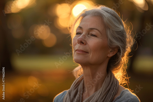 A woman with long silver hair sitting serenely in a field, her eyes closed in peace as she embraces the warm glow of a sunset.