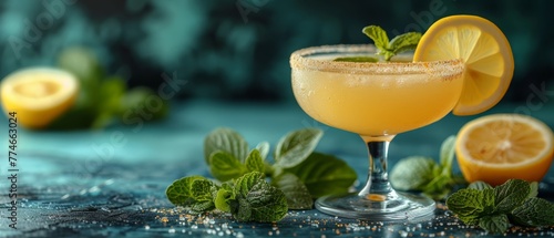   A tight shot of a drink in a glass, accompanied by lemons and mint leaves on the table