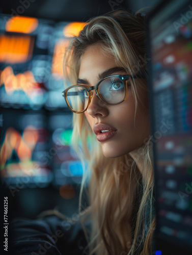 A focused young trader analyzing real-time stock market fluctuations on a dual-screen computer setup photo