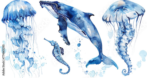 set of watercolor illustrations of jellyfish, humpback whale and seahorse in blue colors on white background