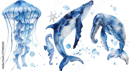 set of watercolor illustrations of jellyfish, humpback whale and seahorse in blue colors on white background