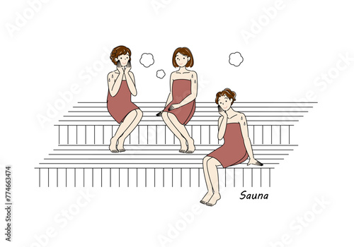 サウナ室でサウナを楽しんでいるサウナ好きの可愛い三人の女性 ととのう サウナ女子 シンプル イラスト ベクター