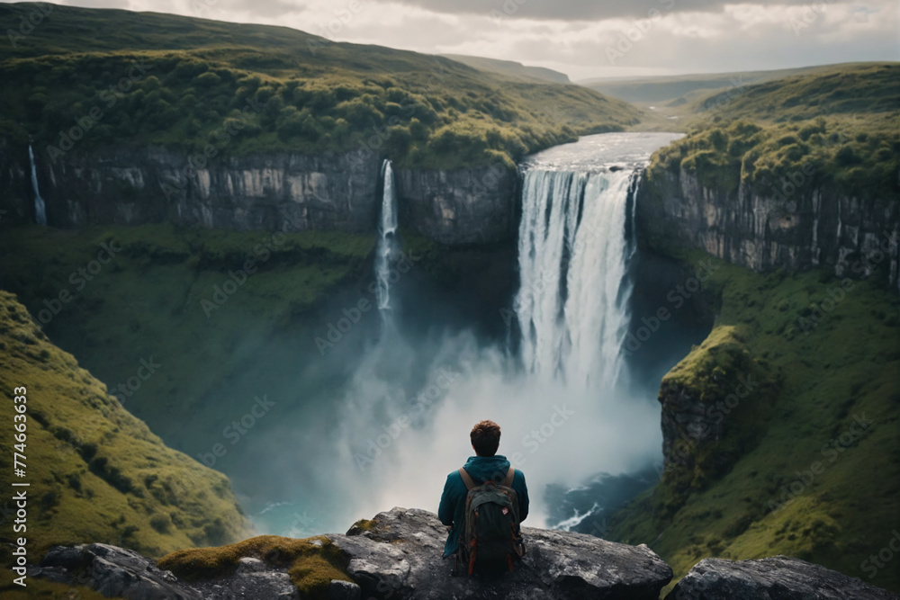 A person overlooking a waterfall A person overlooking a waterfall