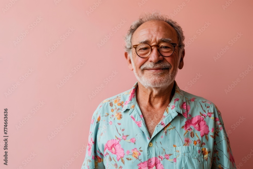 Portrait of an old man with a beard in a turquoise shirt on a pink background Portrait of an old man with a beard in a turquoise shirt on a pink background