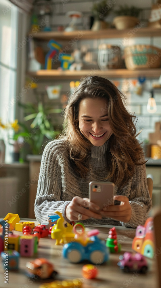 Fototapeta premium A joyful mother leaving a five-star rating on a childrens toy shopping app her smile wide as she holds her phone