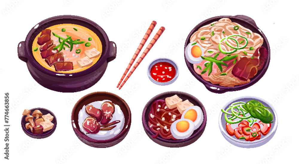Traditional Korean food set isolated on white background. Vector cartoon illustration of asian dishes with spicy meat, eggs, vegetables and noodles in bowls, wooden chopsticks, restaurant menu icons - obrazy, fototapety, plakaty 