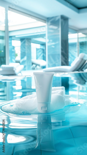 A lifelike advertisement photo of a white anti-aging cream tube in a luxury spa with clients in the background. The label "Spa Age-Defy" in elegant silver letters