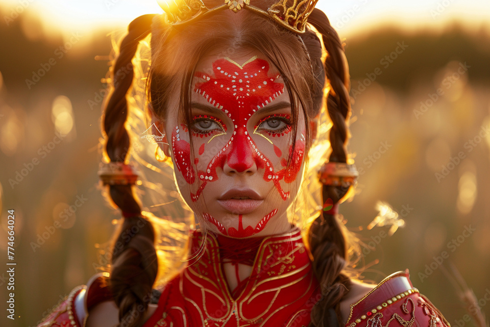 30 year old woman wearing red warrior full face in style of Face Paint with two high-pony-tails, hair bangs, brunette, gold hair braid jewelry, outside, golden hour, natural lighting