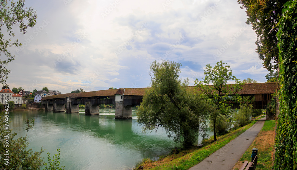 The historic old wooden bridge between Germany and Switzerland over the Rhine at Bad Säckingen