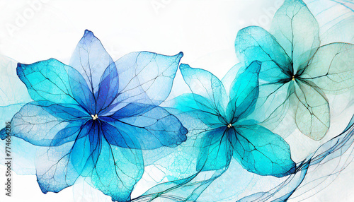 Transparent blue and turquoise flowers on white background  translucent alcohol ink colors and acrylic painting. For invitation card.