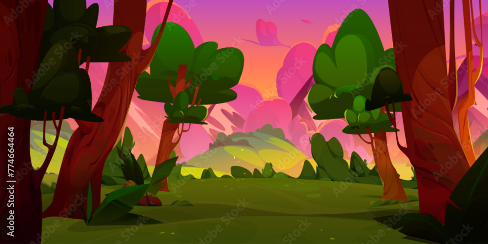 Naklejka premium Sunset forest scene. Cartoon sunrise landscape with tree and pink sky. Fairy woods valley for hiking or wild game adventure illustration. Grass glade near hill area with amazing beautiful scenery view