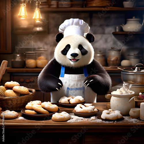 a cheerful panda who loves to bake delicious treats of bakery items wearing a chefs hat and apron.j background scene is full kitchen and smoke of bakery and lanp lighting photo