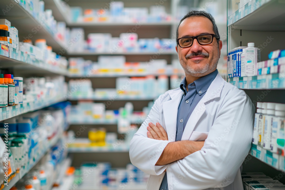 Middle aged male pharmacist in a lab coat, crossing his arms and smiling at the camera, in a pharmacy with shelves of medical supplies