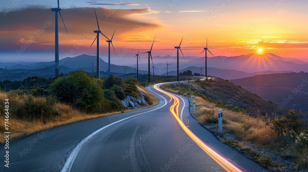 A curved country road winding between mountains with a sunset glow lined with windmills along the side of the road. Beautiful view of the Clean Energy Road.