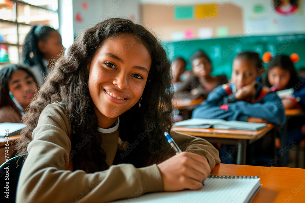 Smiling dark-skinned schoolgirl sitting at desk in classroom, writing in notebook, posing and looking at camera, diverse classmates studying in the background Smiling dark-skinned schoolgirl sitting at desk in classroom, writing in notebook, posing and looking at camera, diverse classmates studying in the background