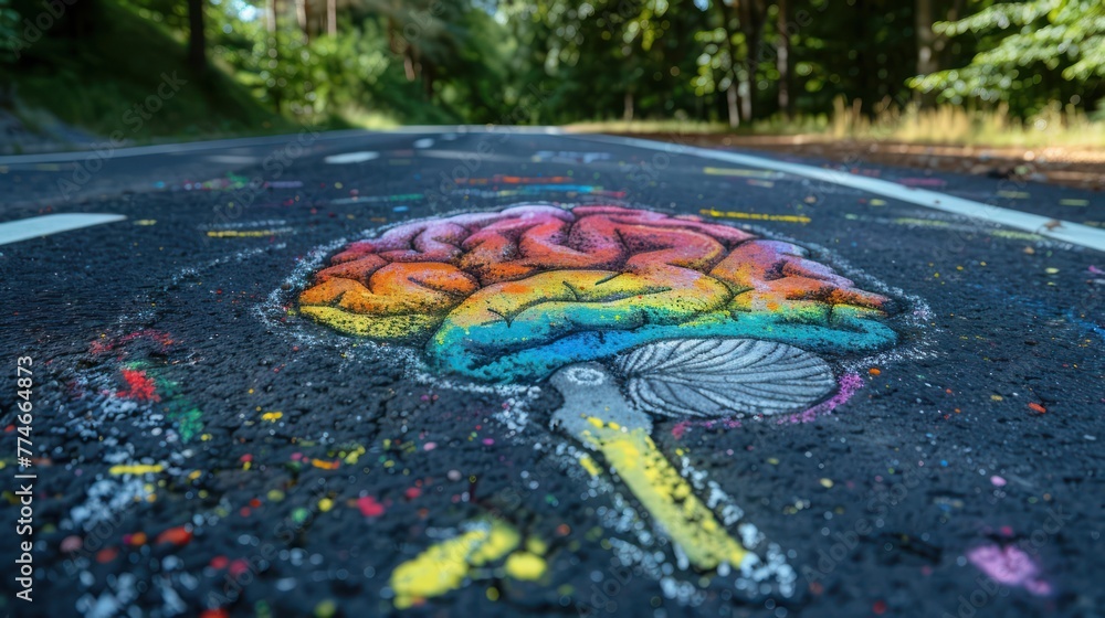 Chalk drawing of human structure showing brain activity on asphalt. Autism and autistic developmental disorders are symbols of psychology, communication and social behavior. - obrazy, fototapety, plakaty 