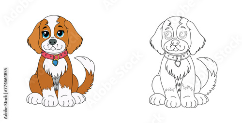 Colorful children's dog in cartoon style. Black and white vector illustration for coloring books. Coloring book for children.
