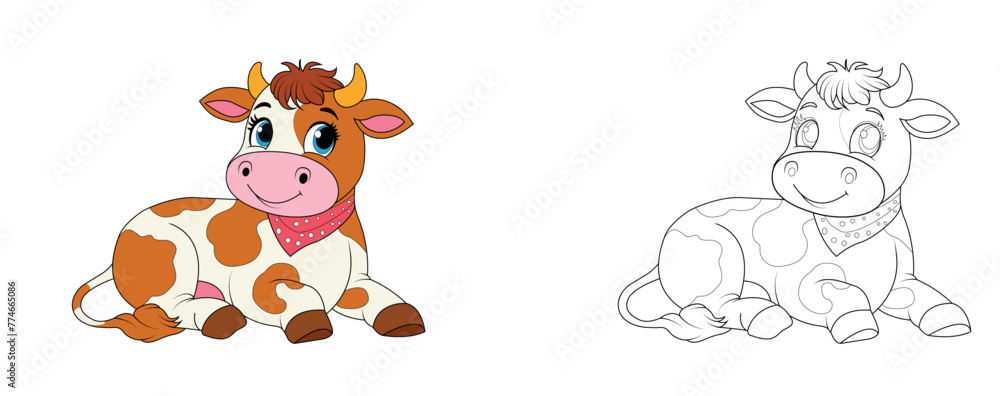 Colorful children's cow in cartoon style. Black and white vector illustration for coloring books. Coloring book for children.
Colorful children's cow in cartoon style. Black and white vector illustration for coloring books. Coloring book for children.