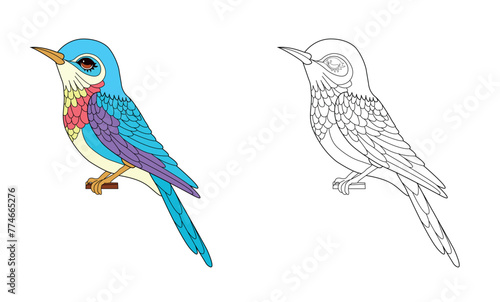 Colorful children's nightingale in cartoon style. Black and white vector illustration for coloring books. Coloring book for children.
