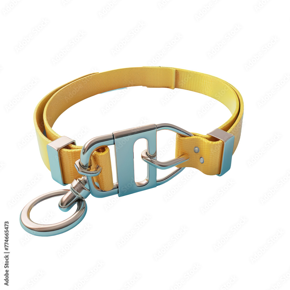 Close up yellow blue dog collar with metal buckle Close up yellow blue dog collar with metal buckle
