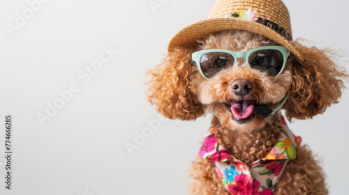 Stylish Poodle Ready for Summer in Sunglasses and Hat - Generative AI photo
