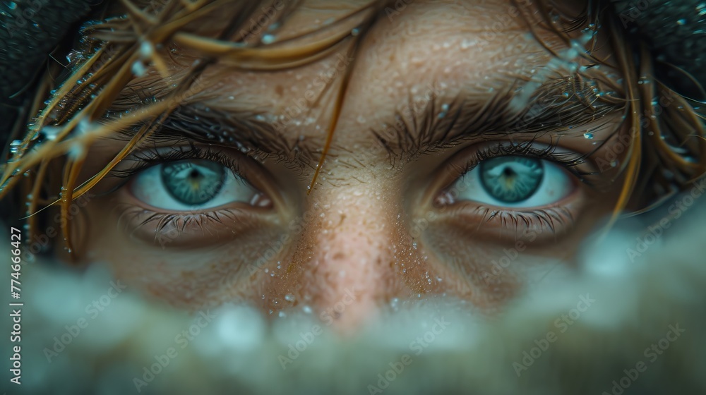 A tight shot of a face with blue eyes teeming with reflection, and damp hair resting atop the head A tight shot of a face with blue eyes teeming with reflection, and damp hair resting atop the head