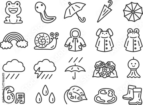 梅雨のアイコン（線画）のイラストセット
