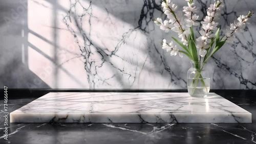 Bare marble surface, illuminated lights, muted spring scene.

