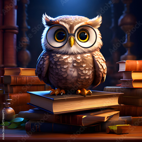 a curious little owl with big round glasses always found perched atop a stack of books in the library.