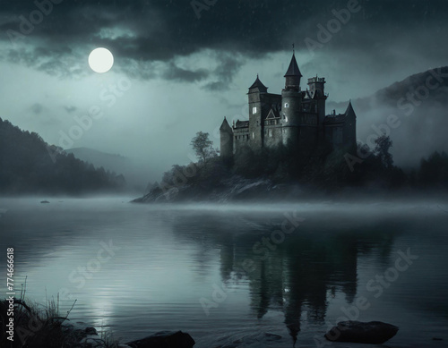 満月と湖に聳える廃墟の城2