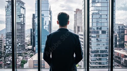 Businessman at the window of his office looks at the skyscrapers of the city