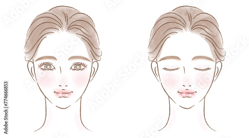女性の顔アップのイラストセット　きれいめ手描き　水彩風