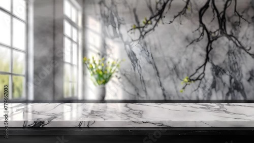 Empty marble platform, glowing lights, soft-focus spring scenery.
