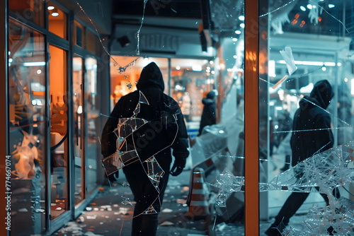 A robber walking away from a crime scene with broken windows