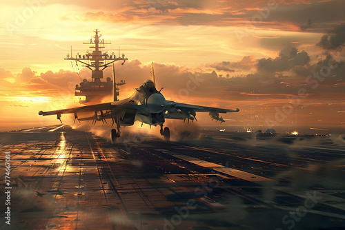 An airplane ready for takeoff on aircraft carrier ship