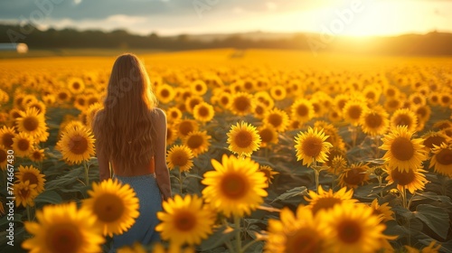  A woman in a field of sunflowers as the sun sets, sunflowers both in foreground and background