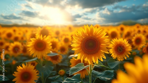  sun flowers facing up, sun piercing through scattered clouds © Mikus