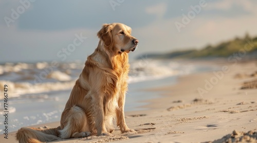 Serenity by the Sea: Reflective Golden Retriever Enjoys Coastal Bliss - Generative AI