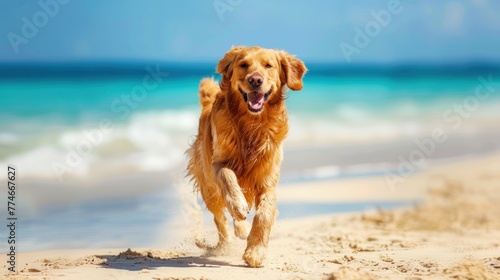 Joyful Sprint Along the Shore: Golden Retriever Embraces Beachside Fun - Generative AI