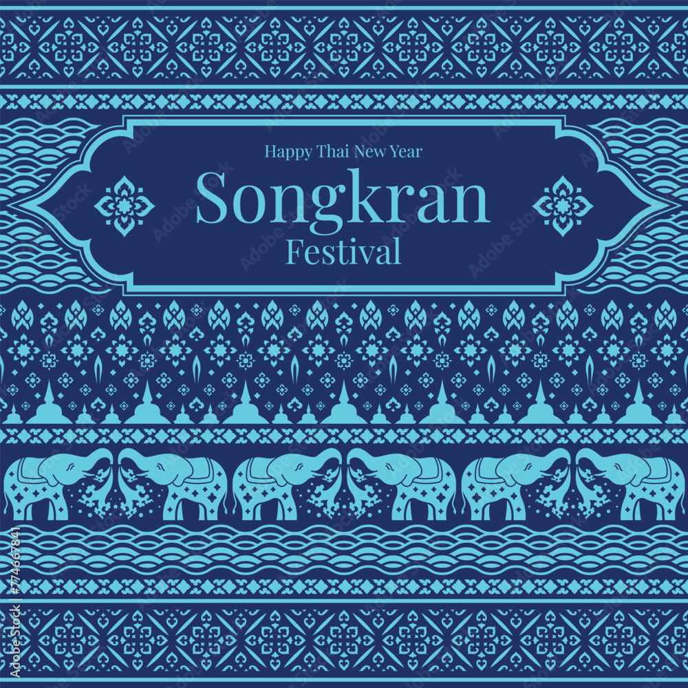 Happy thai new year or songkran festival - Text in thai line frame on thai flowers and elephant playing water art traditional texture blue tone style vector design - obrazy, fototapety, plakaty 