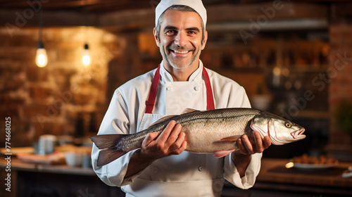 Smiling Chef Proudly Presenting Fresh Sea Bass in Rustic Kitchen Setting