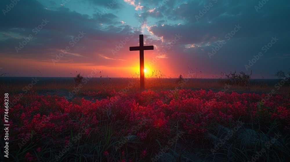   A cross stands solitarily in the middle of a flower-filled field, framed by a glowing sunset backdrop
