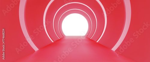 Red tunnel with round arches and light at end. Vector realistic illustration of long pipe corridor perspective, road inside futuristic hallway, modern art gallery design, abstract stage decoration