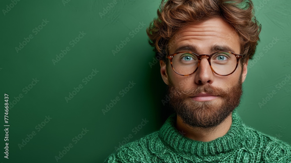 A tight shot of a bearded individual in a green sweater, donning glasses against a verdant backdrop A tight shot of a bearded individual in a green sweater, donning glasses against a verdant backdrop