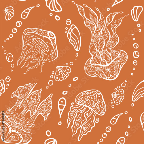 Jellyfish and shell chaotic seamless pattern. Ocean zen art endless texture for apparel, cloth, marketing. Hand drawn sea nettle brown surface design. Sea blubber intricate boundless background.